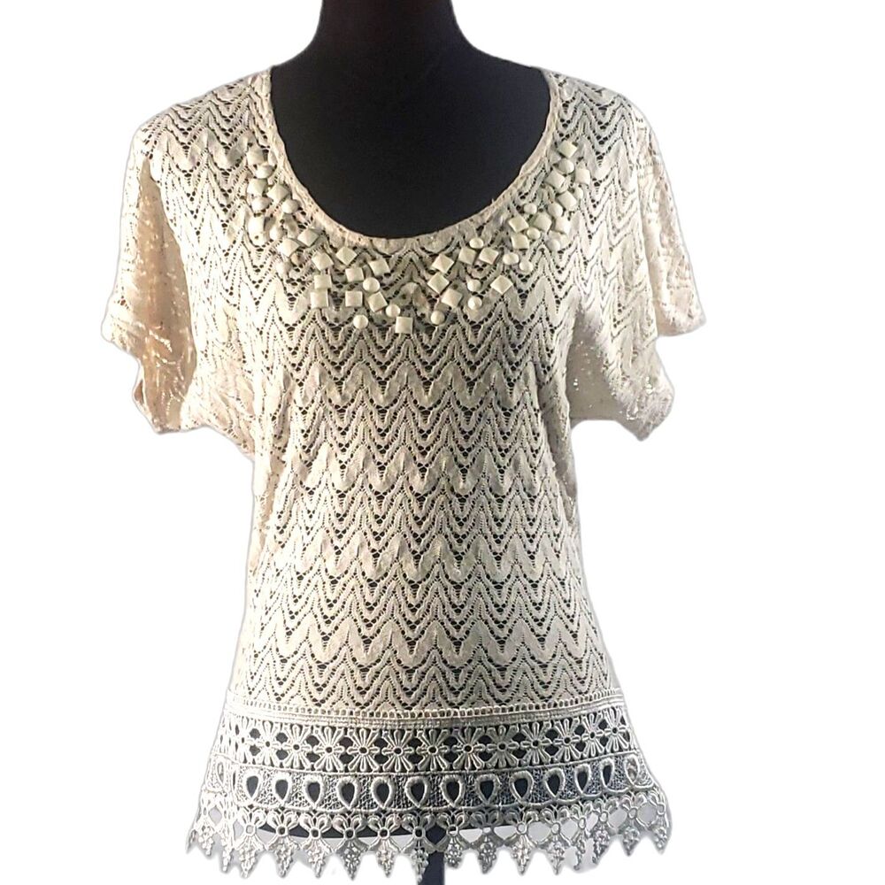 Daytrip Creme Lace Crochet Short Sleeve Blouse Size Small